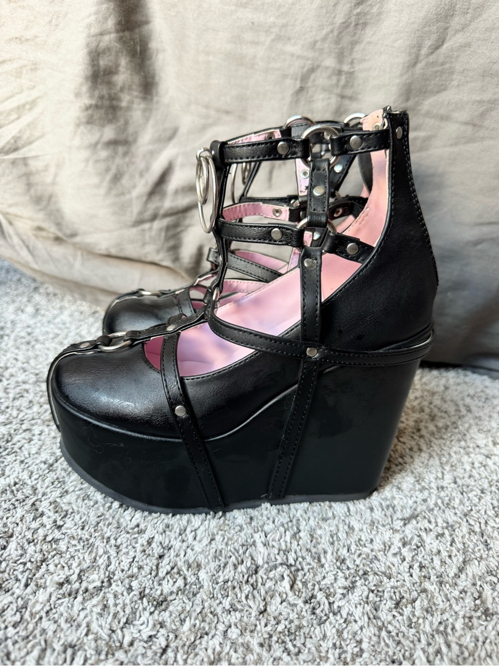 Demonia Black Platform Strappy Heels with Pink Insole & Silver Pentagram Charms - Picture 2 of 5